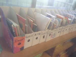 Student books waiting to be read.